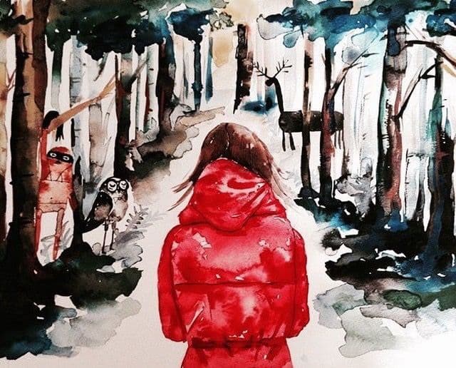 Painting by Julie Smith-Belton depicting Kiara finding her way out of the woods